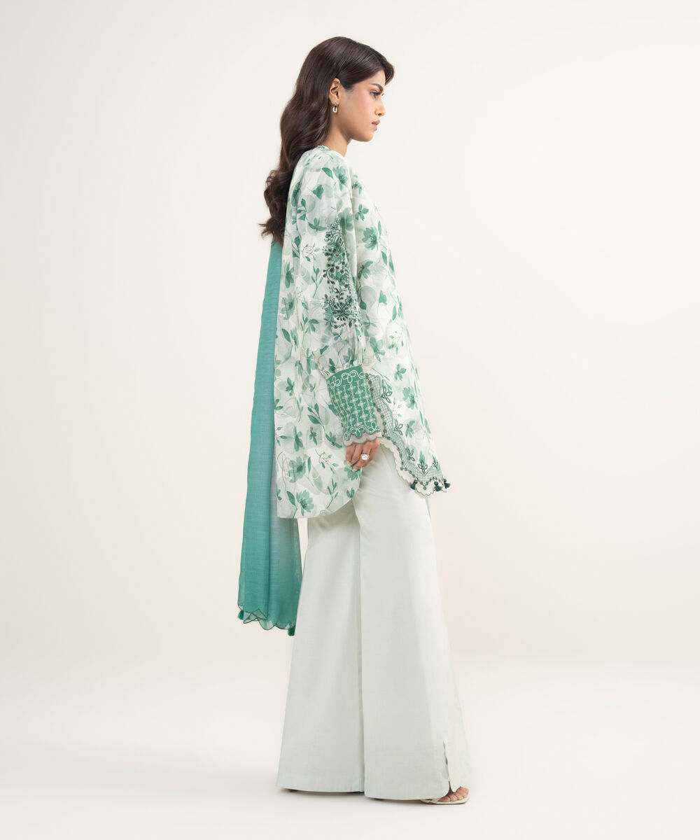 Women's Unstitched Cotton Jacquard Embroidered Green and Off White 3 Piece Suit