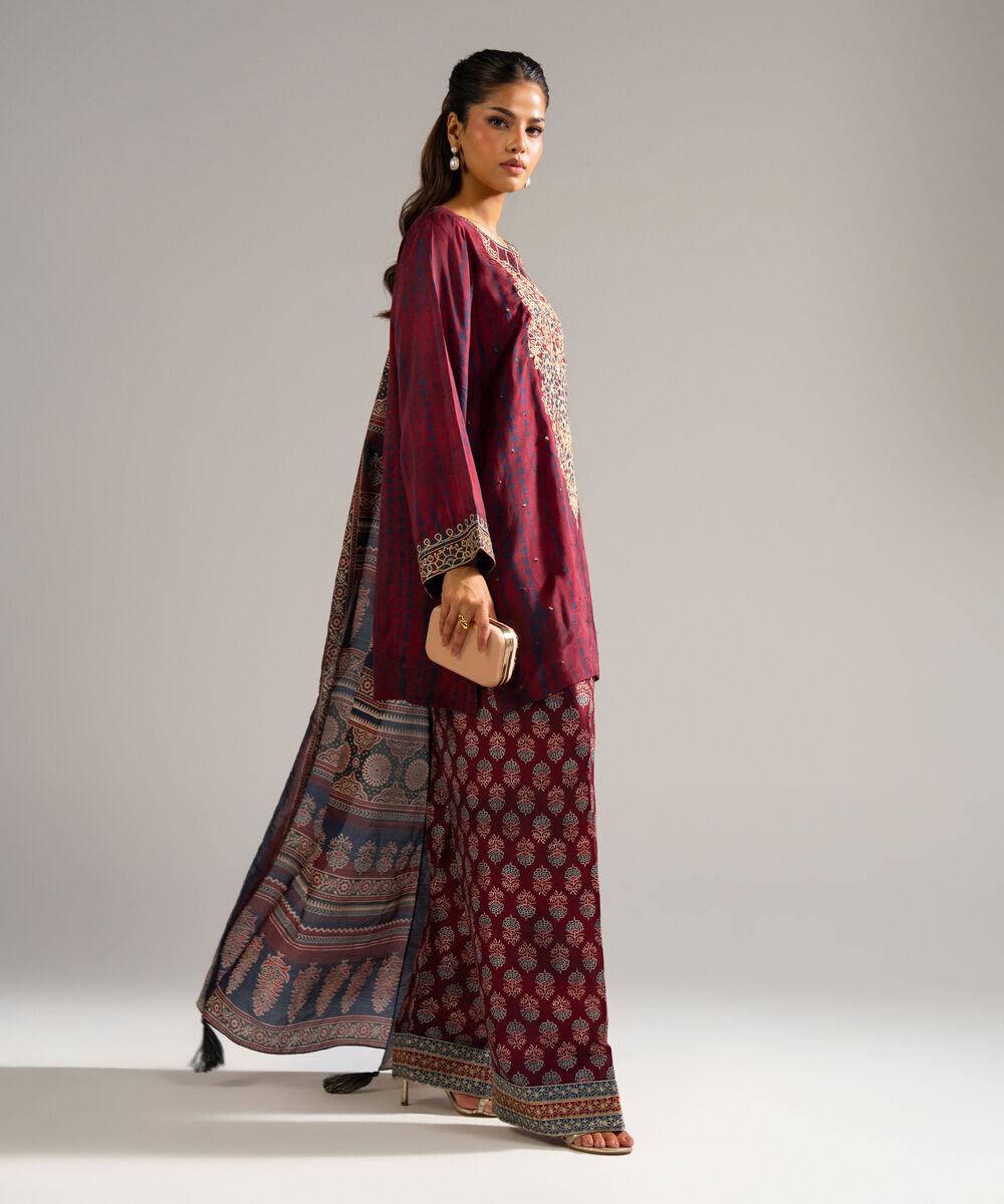 Women's RTW Bright Raw Silk Embroidered Maroon 3 Piece Suit