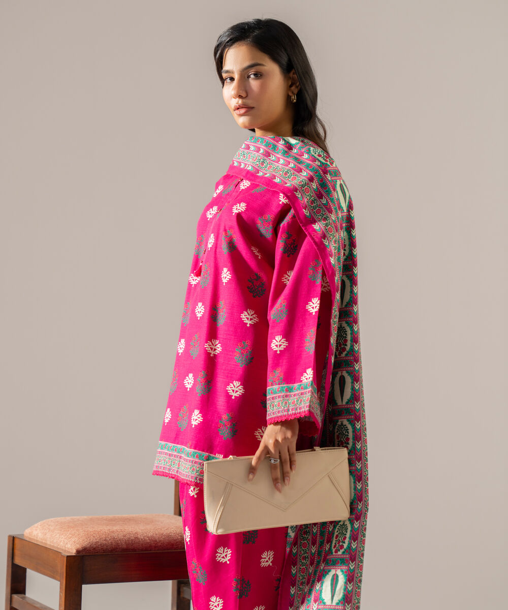 Women's RTW Khaddar Printed Pink 3 Piece Suit