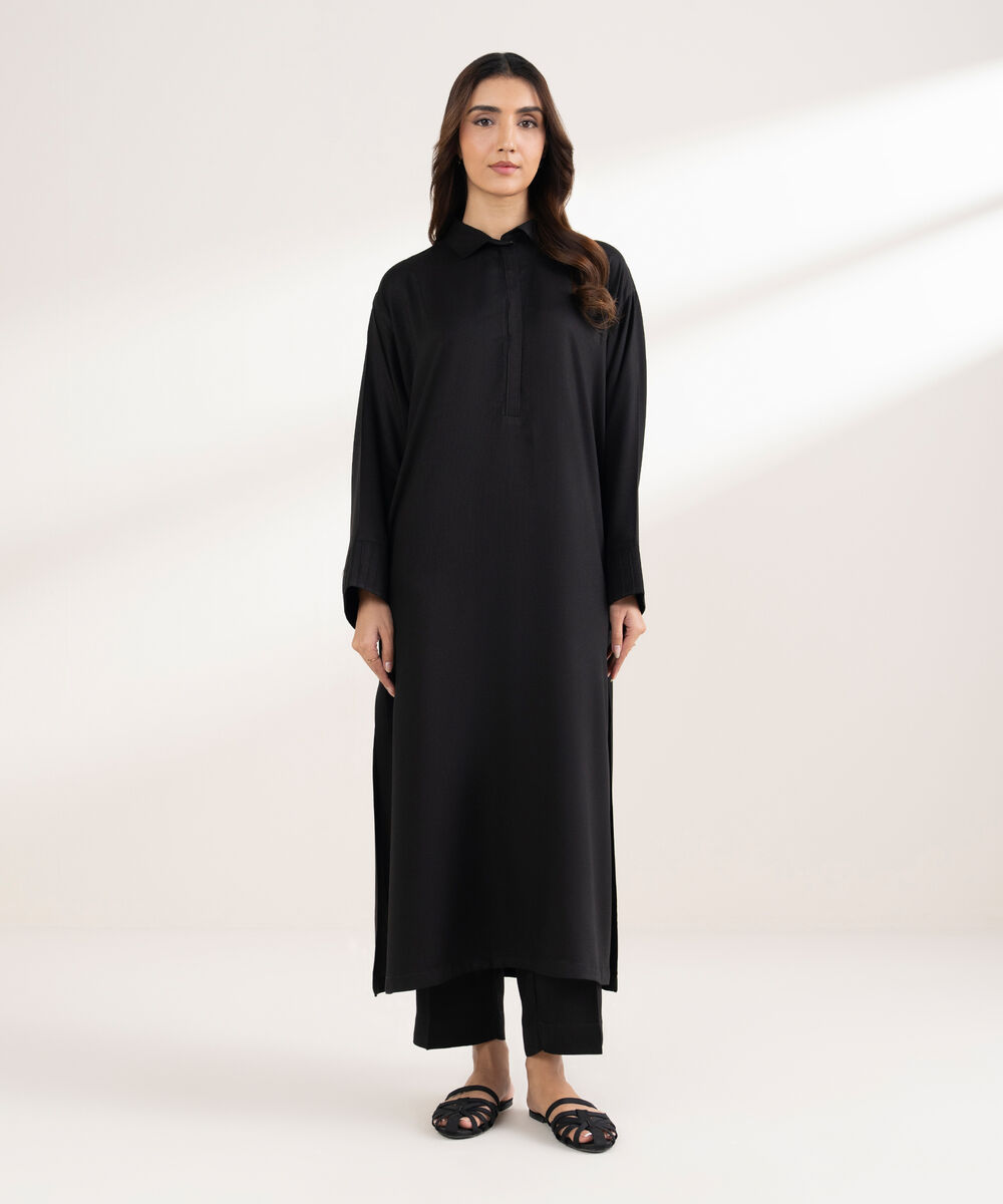 Women's RTW Bedford Solid Drop Shoulder Black Shirt