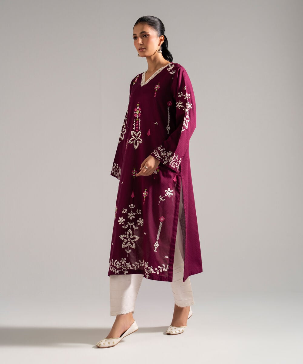 Women's RTW Dobby Embroidered Pink A-Line Shirt