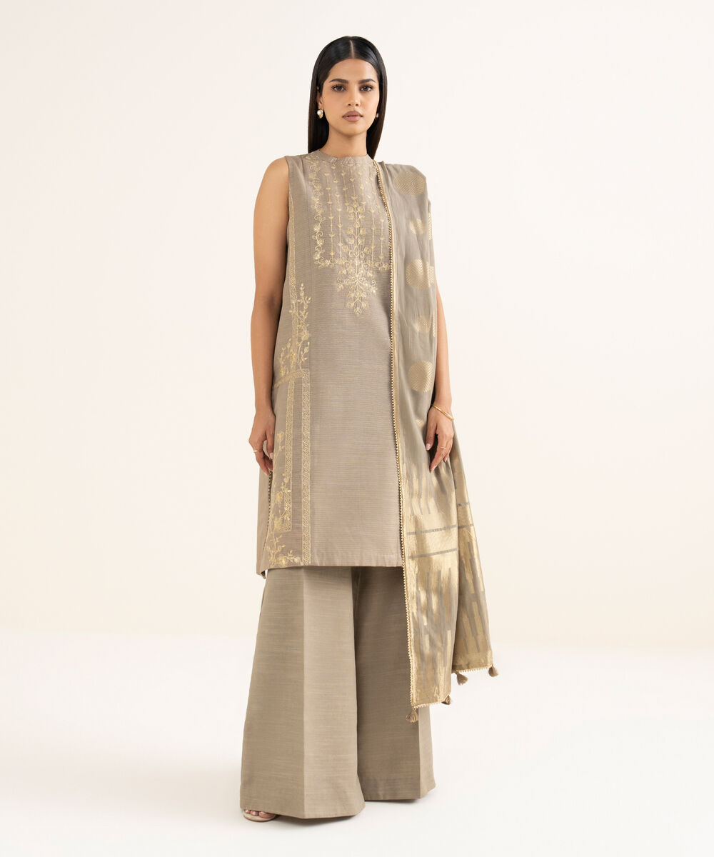 Women's Unstitched Embroidered Zari Khaddar Beige 3 Piece Suit