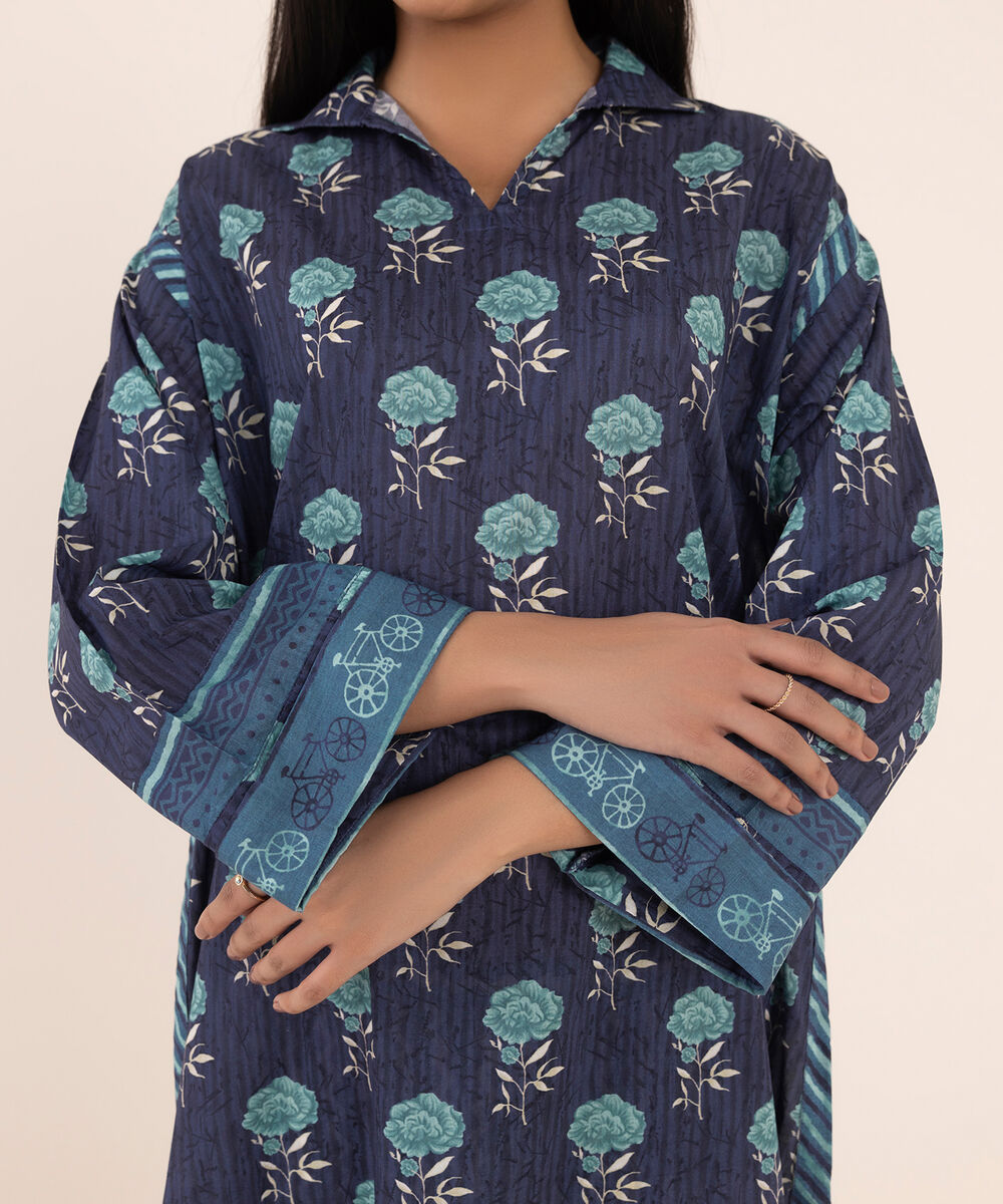 Women's RTW Lawn Blue Printed Drop Shoulder Shirt