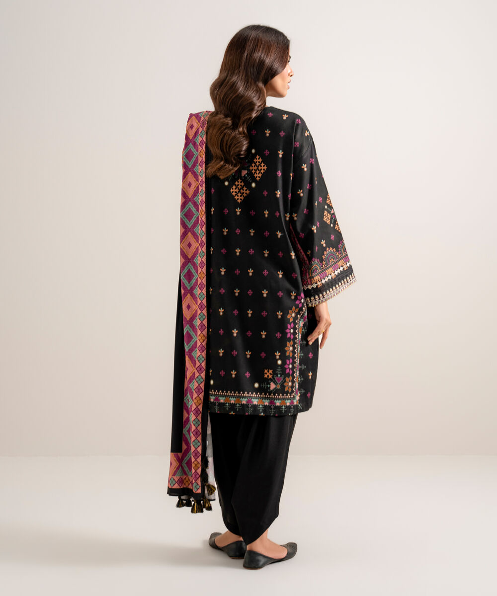 Women's Unstitched Embroidered Linen Black 3 Piece Suit