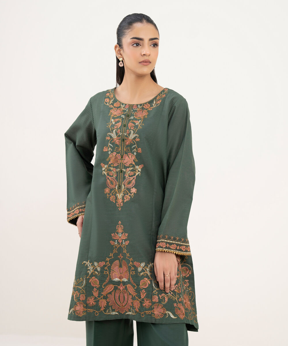 Women's RTW Zari Cotton Embroidered Straight Black Shirt