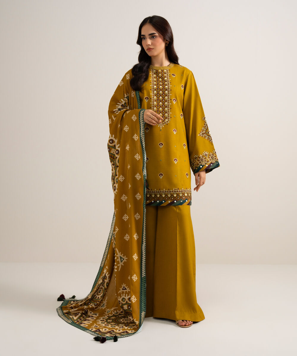 Women's Unstitched Embroidered Linen Mustard 3 Piece Suit