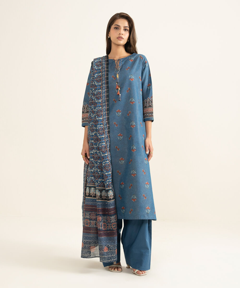 Women's Unstitched Zari Lawn Printed Blue 3 Piece Suit