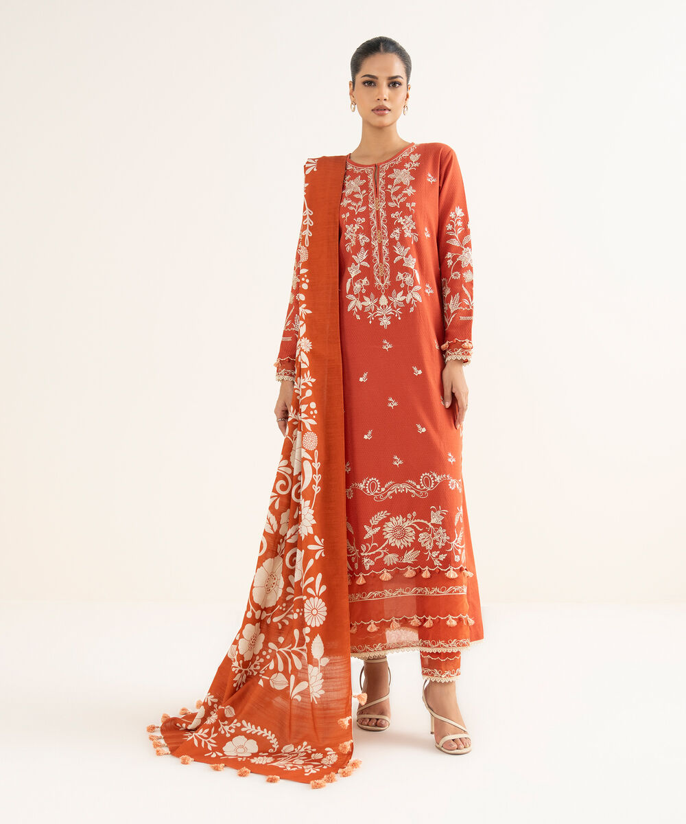 Women's Unstitched Dobby Embroidered Orange 3 Piece Suit