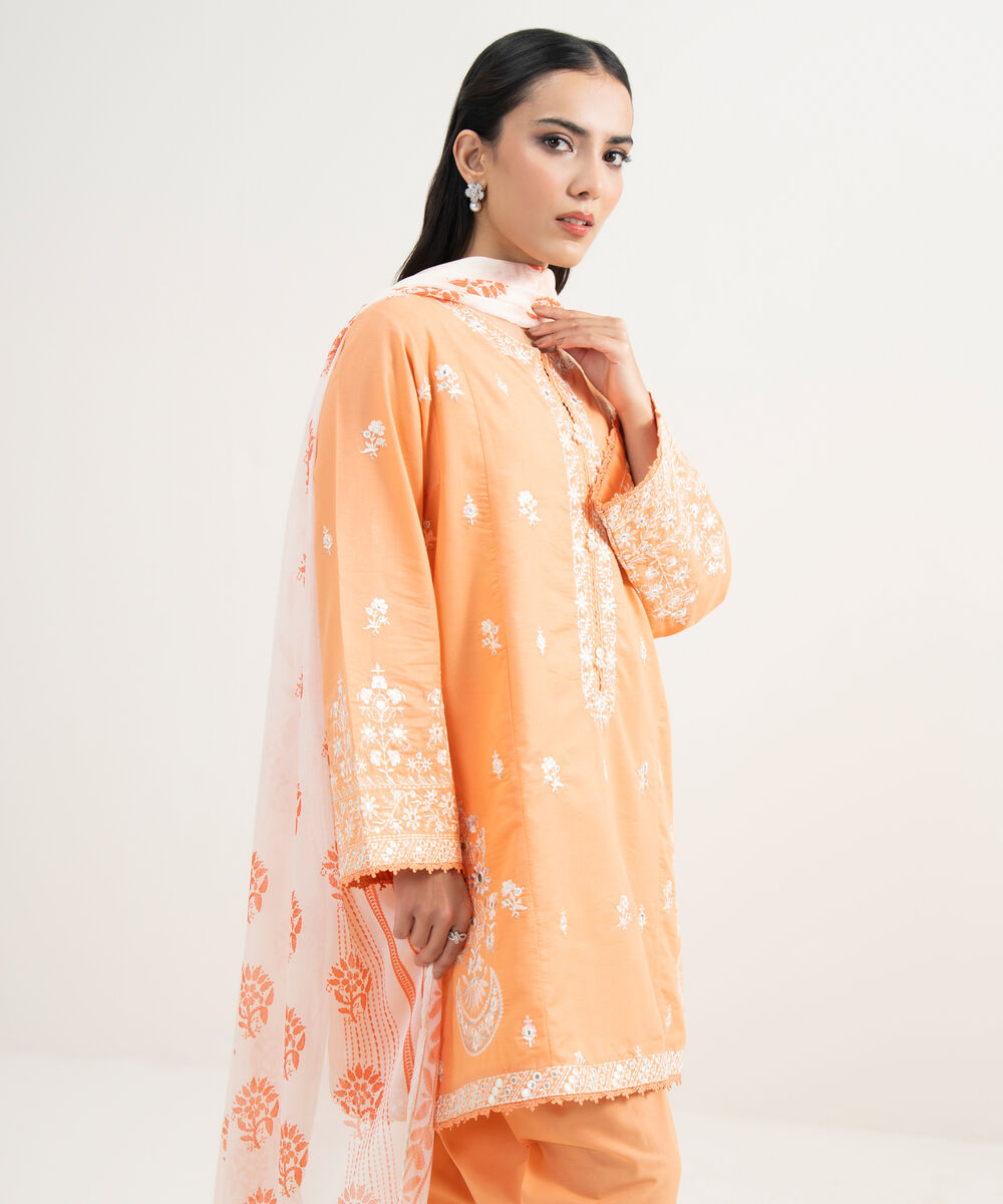 Women's RTW Zari Cotton Embroidered Cream White 3 Piece Suit