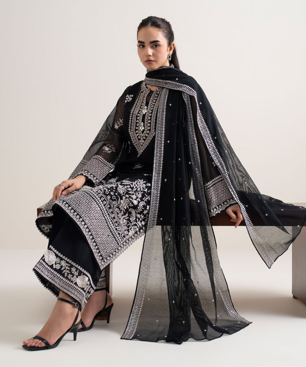 Women's Unstitched Khaddi Net Embroidered Black