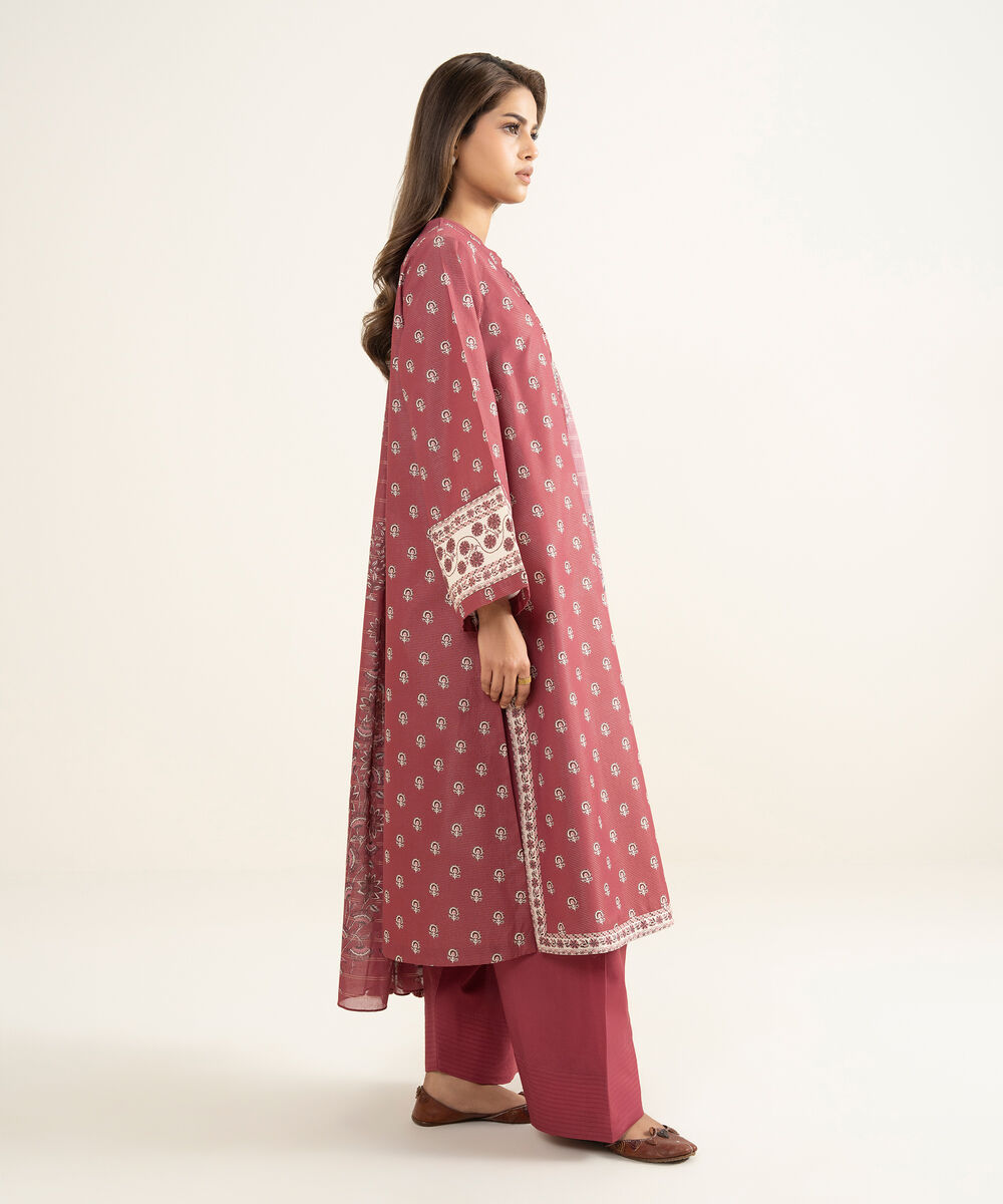 Women's Unstitched Zari Lawn Printed Pink 3 Piece Suit