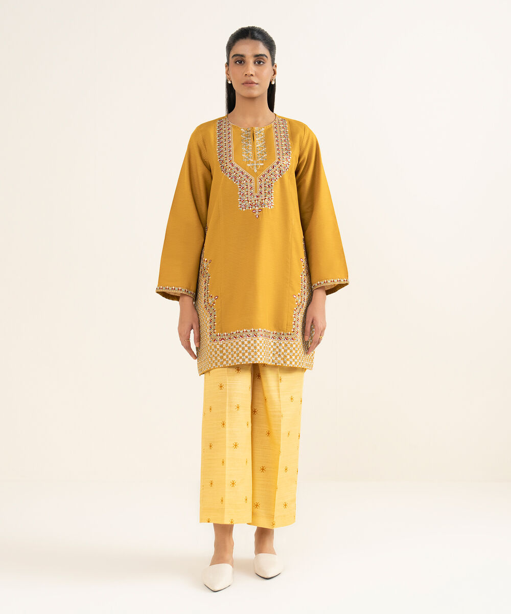 Women's RTW Fancy Textured Slub Embroidered Mustard Straight Shirt