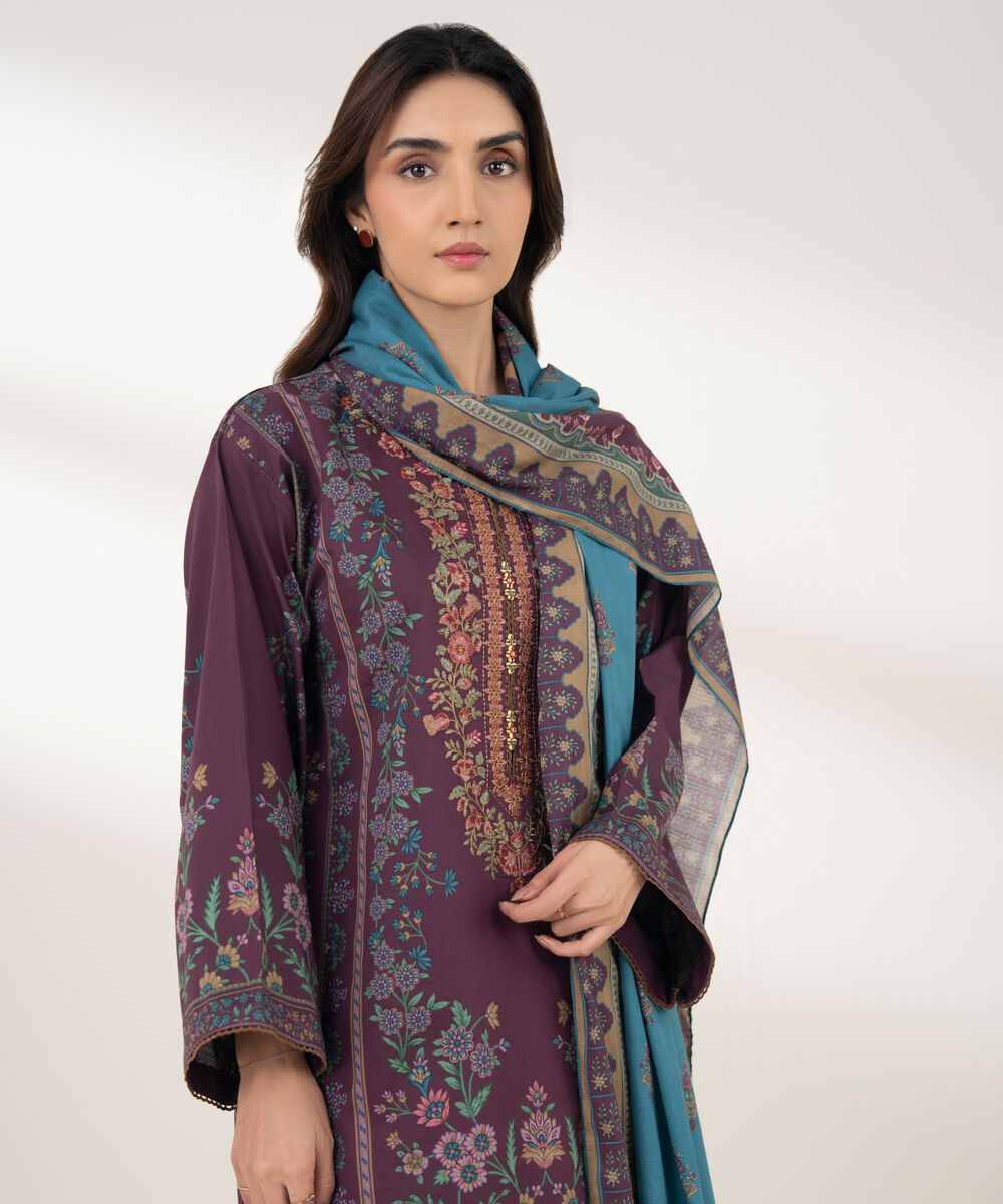 Women's Unstitched Lawn Printed Purple 3 Piece Suit