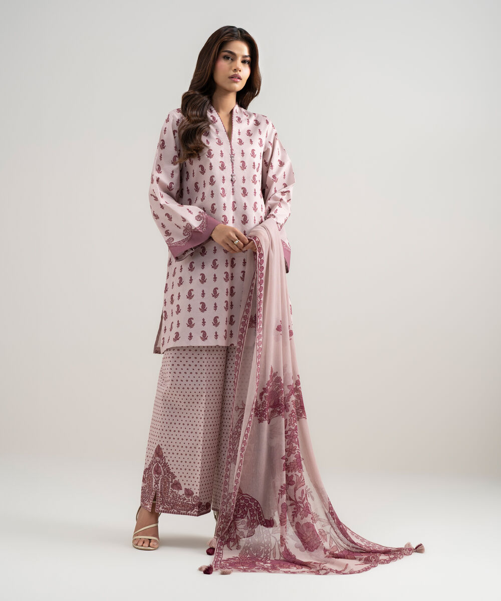 Women's Unstitched Lawn Printed Pink 3 Piece Suit