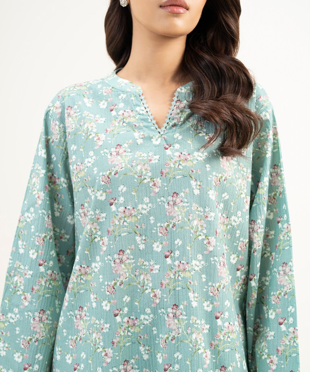 Women's RTW Seersucker Printed Dusty Mint Straight Shirt