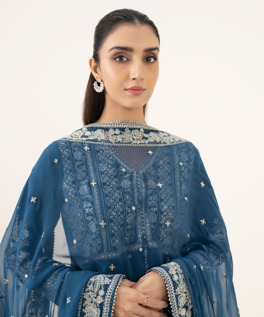 Women's RTW Raw Silk Embroidered Blue 3 Piece Suit