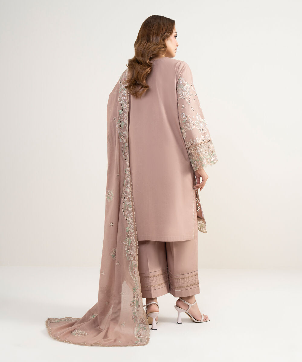 Women's Unstitched Lawn Embroidered Beige 3 Piece Suit