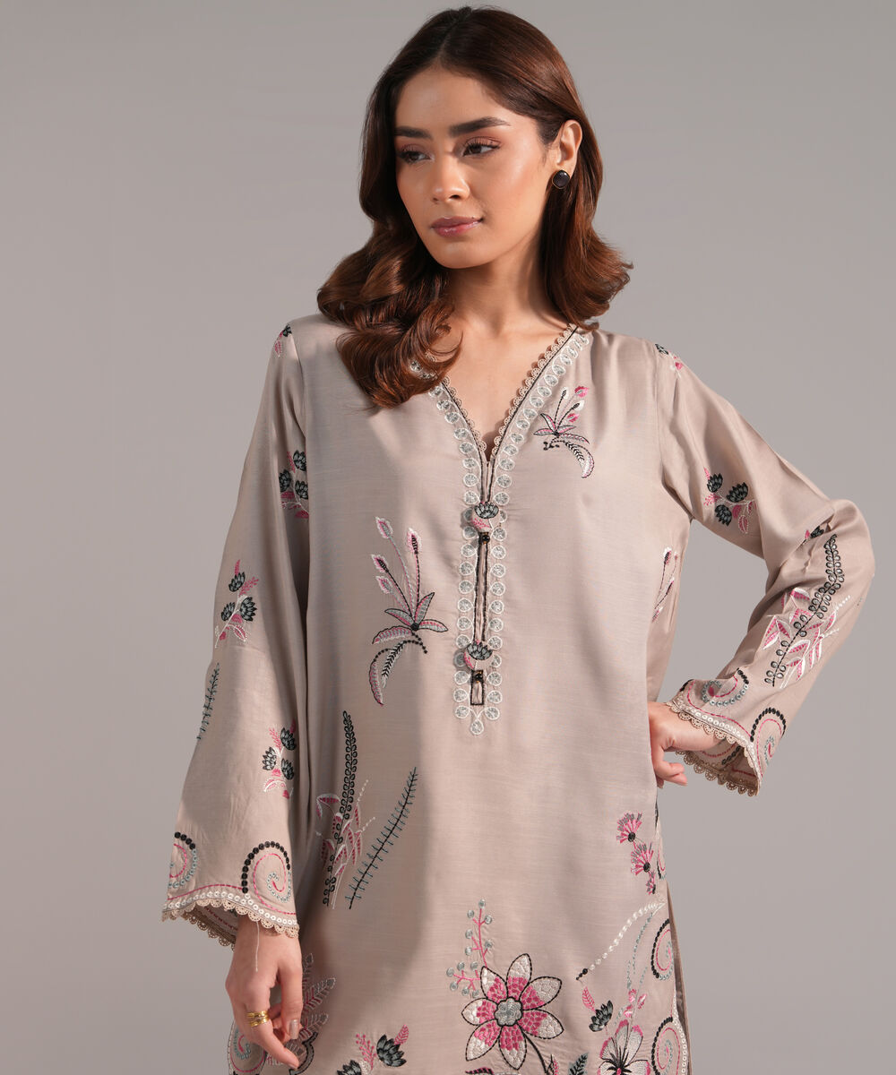 Women's RTW Viscose Raw Silk Embroidered Grey 2 Piece Suit