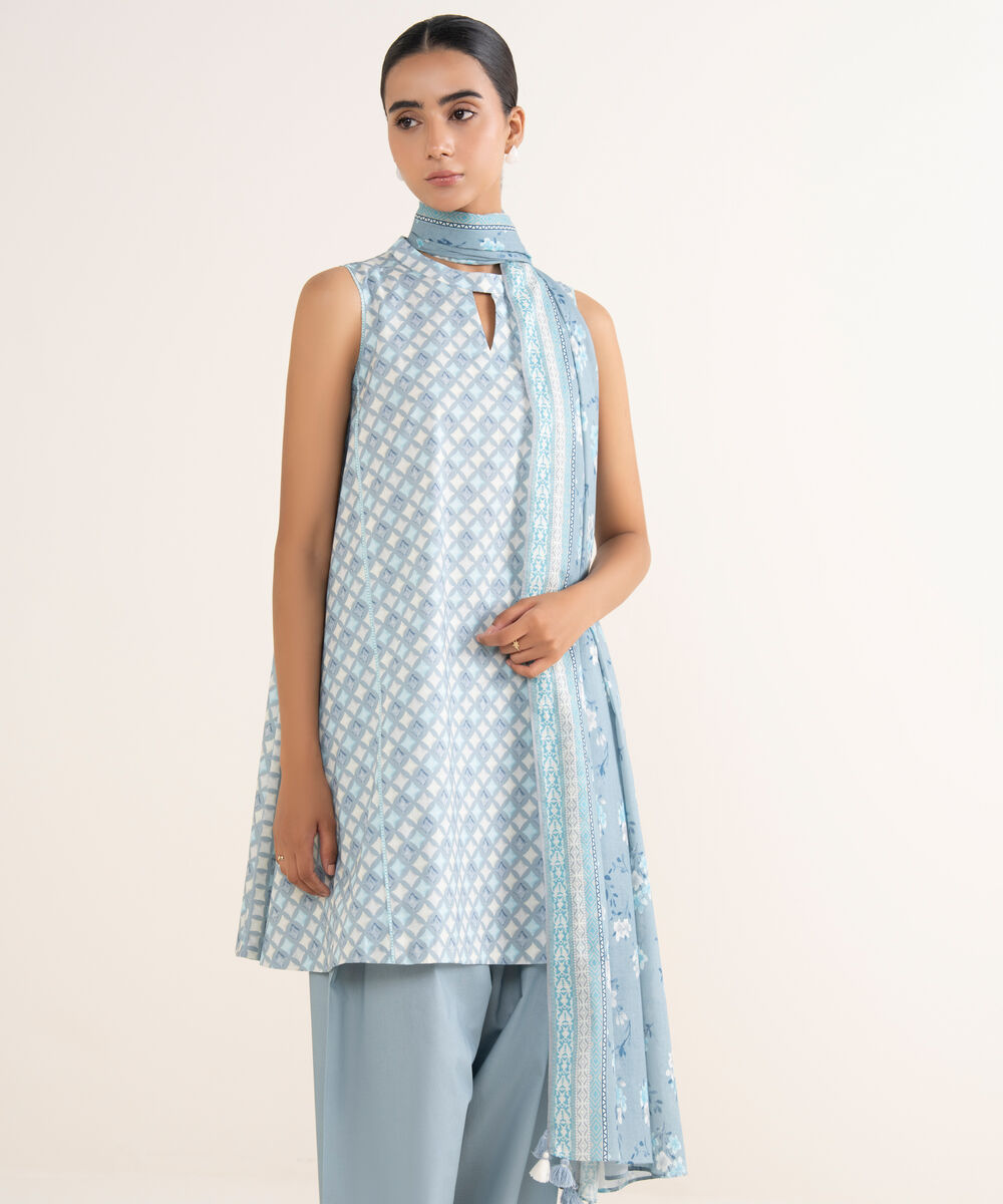 Women's Unstitched Lawn Printed Blue 3 Piece Suit