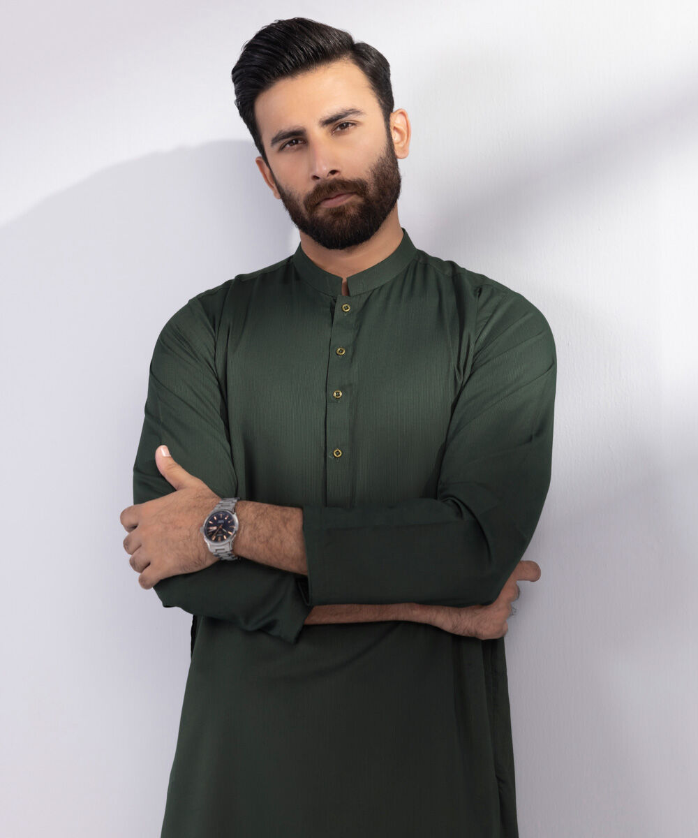 Men's Blended Stitched Plain Green Kurta