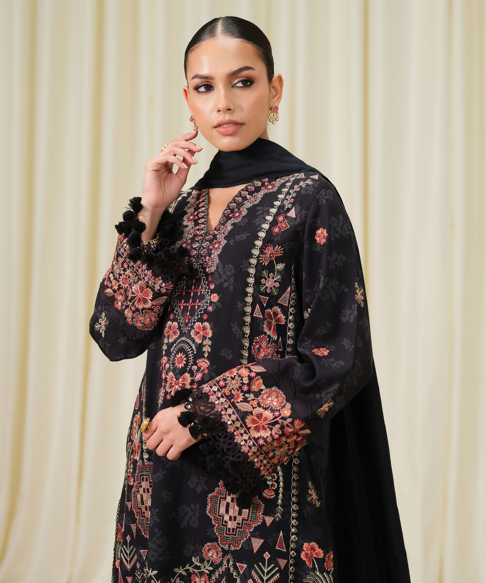 Women's Unstitched Embroidered Twill Grey and Black 3 Piece Suit