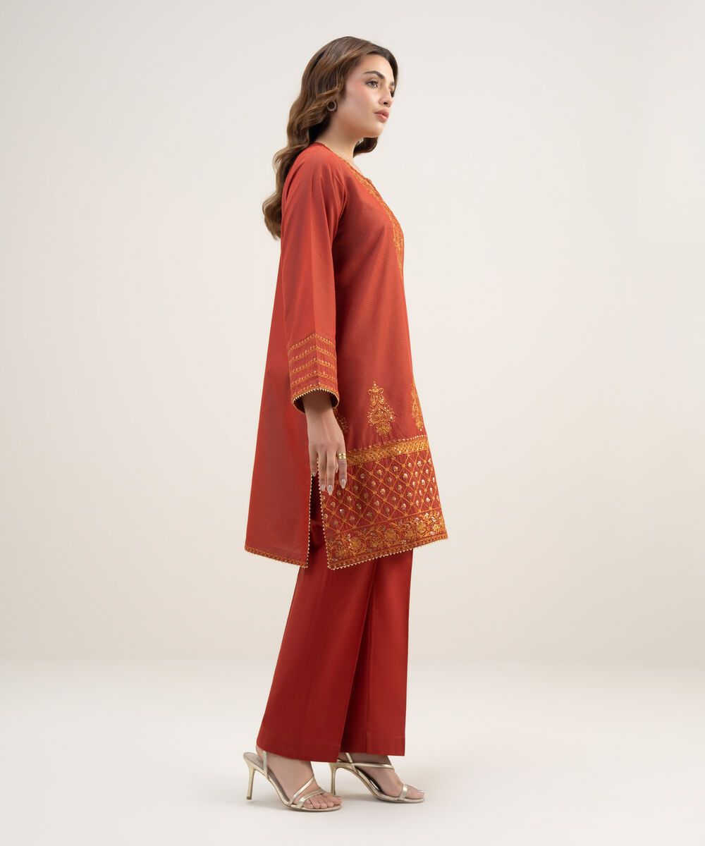 Women's RTW Zari Lawn Embroidered Rust A-Line Shirt