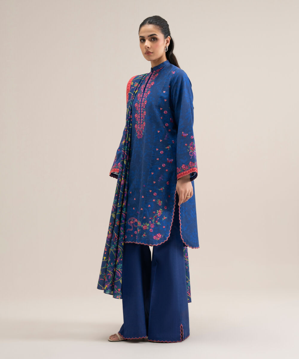 Women's Unstitched Lawn Embroidered Blue 3 Piece Suit