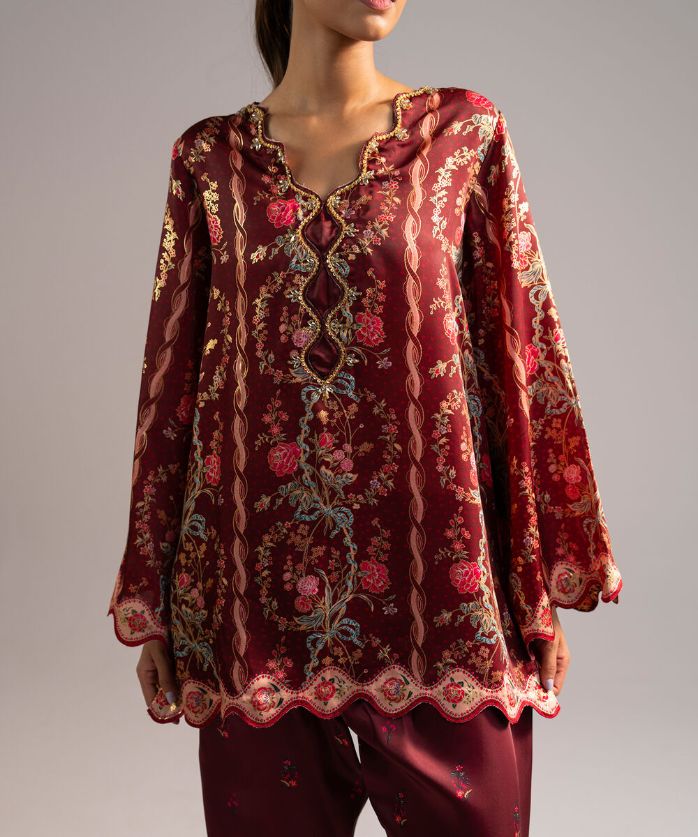 Women's RTW Blended Satin Printed Maroon 2 Piece Suit