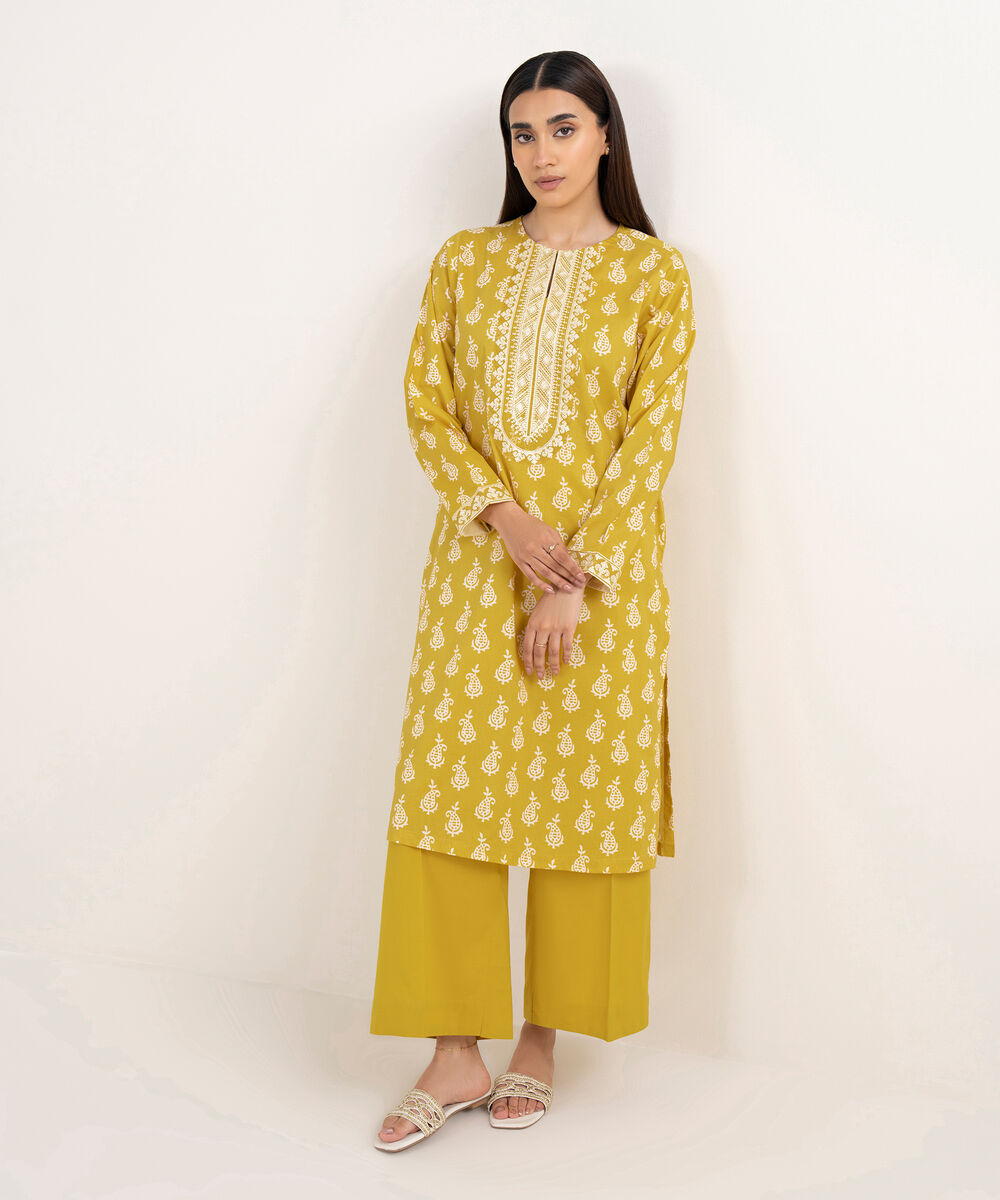Women's RTW Lawn Yellow Embroidered A-Line Shirt