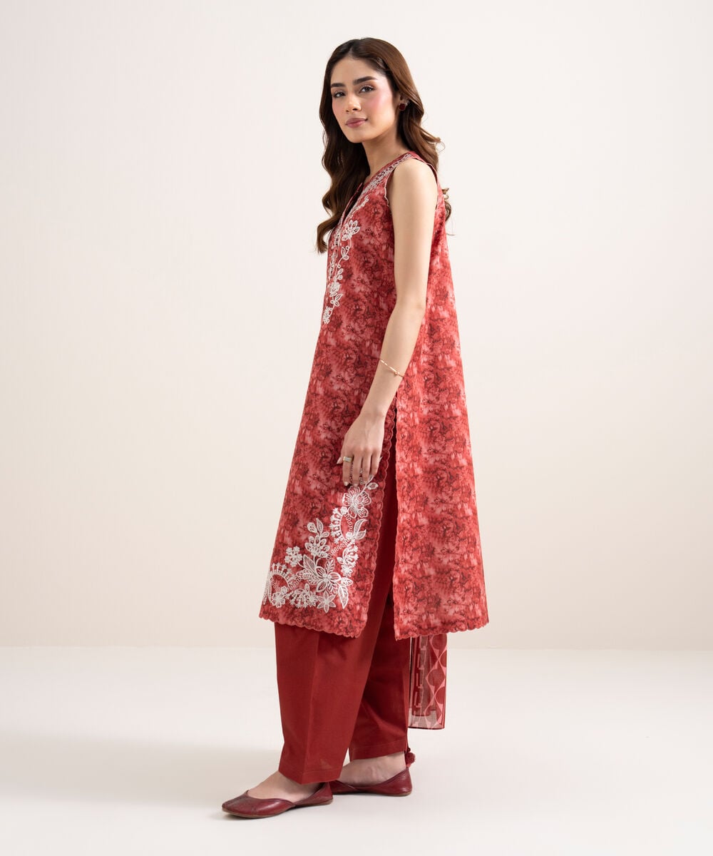 Women's Unstitched Lawn Embroidered Red 3 Piece Suit