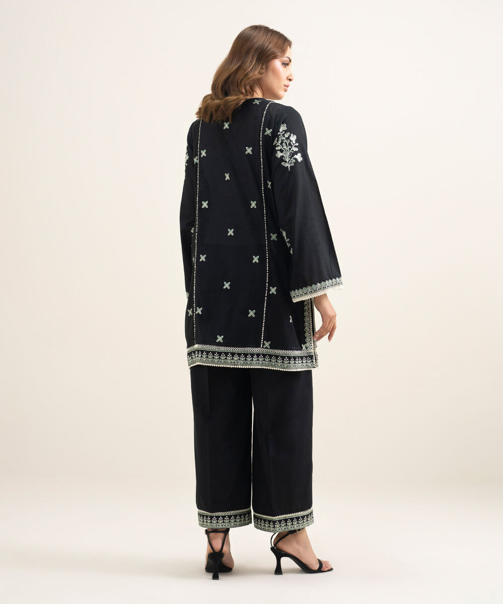 Women's RTW Dobby Embroidered Black A-Line Shirt