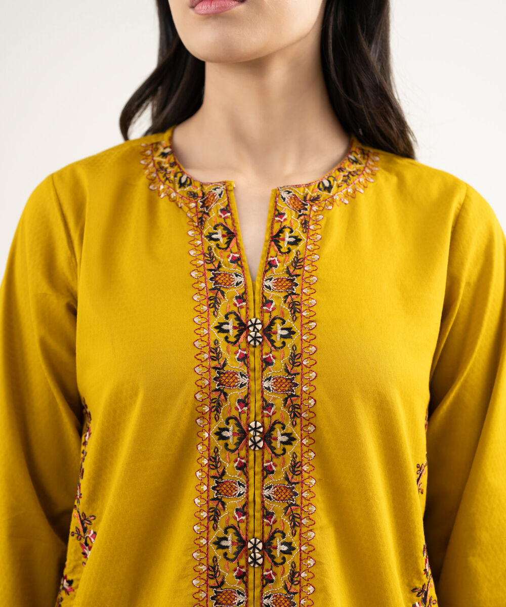 Women's RTW Dobby Embroidered Mustard Straight Shirt