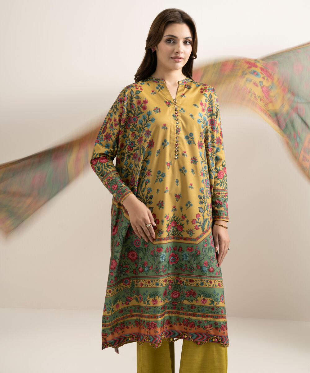 Women's Unstitched Blended Grip Silk Embroidered Yellow 3 Piece Suit