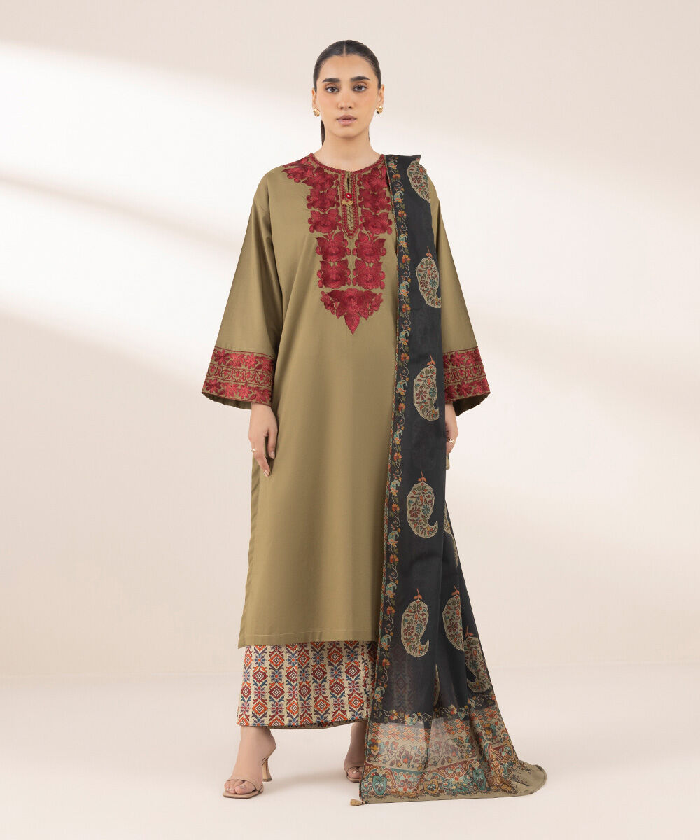 Women's RTW Textured Lawn Green Embroidered Boxy Shirt