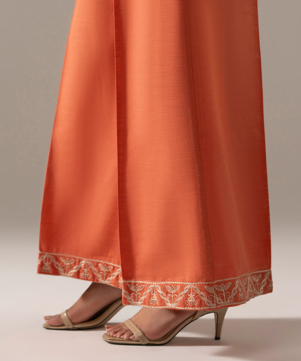 Women's RTW Khaddar Solid Orange Flared Pants