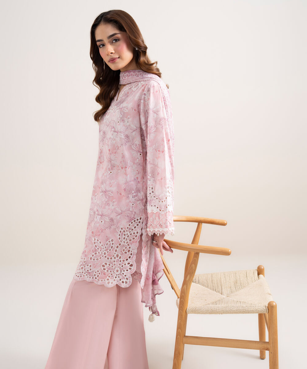 Women's Unstitched Lawn Embroidered Pink 3 Piece Suit
