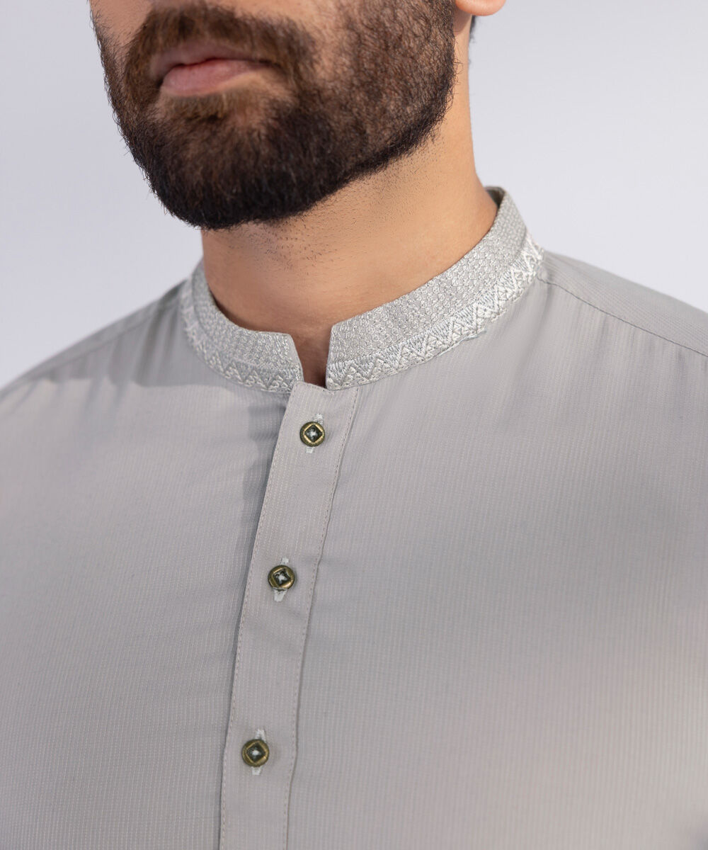 Men's Blended Stitched Embroidered Grey Kurta