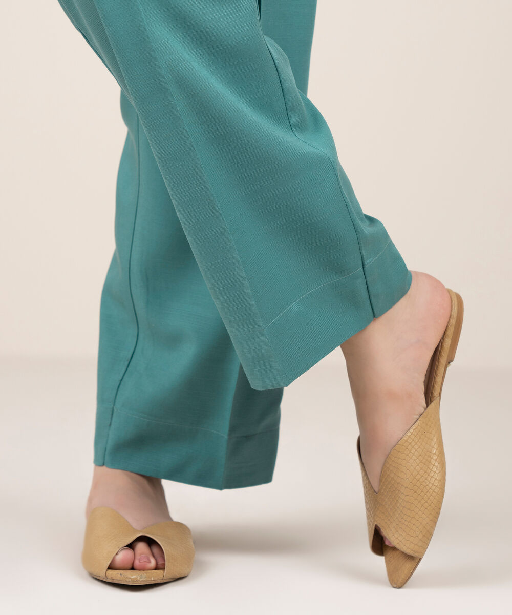 Women's RTW Herringbone Solid Teal Straight Pants