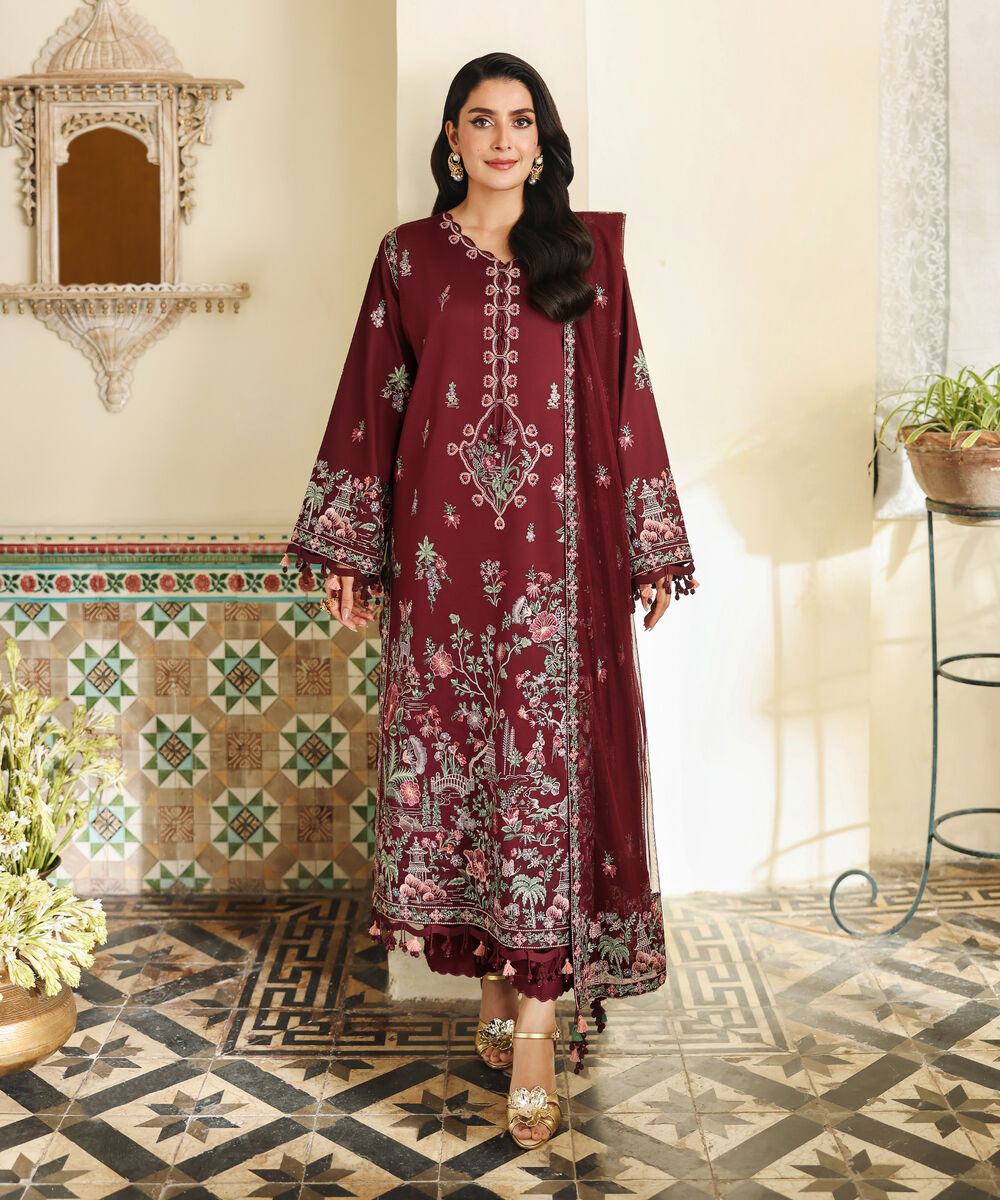 Women's Unstitched Fine Cotton Satin Embroidered Red 3 Piece Suit
