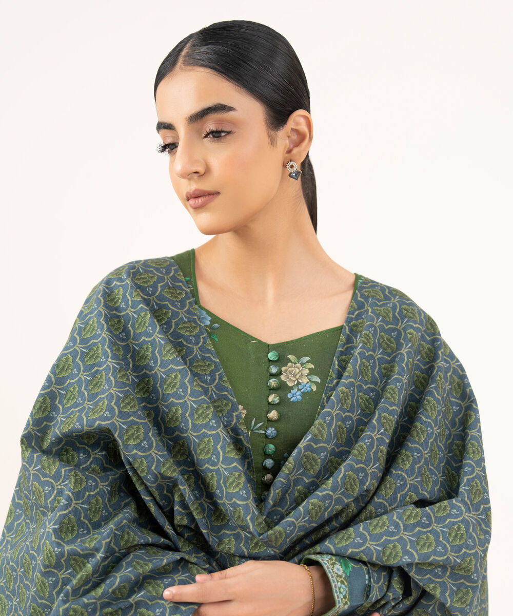 Women's Unstitched Light Khaddar Printed Green 3 Piece Suit