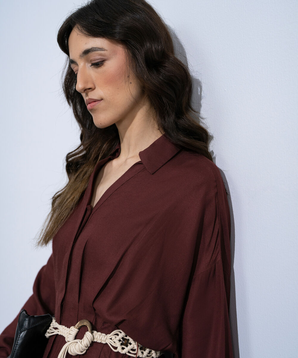 Women's Maroon Linen Blend Dress With  Crochet Belt