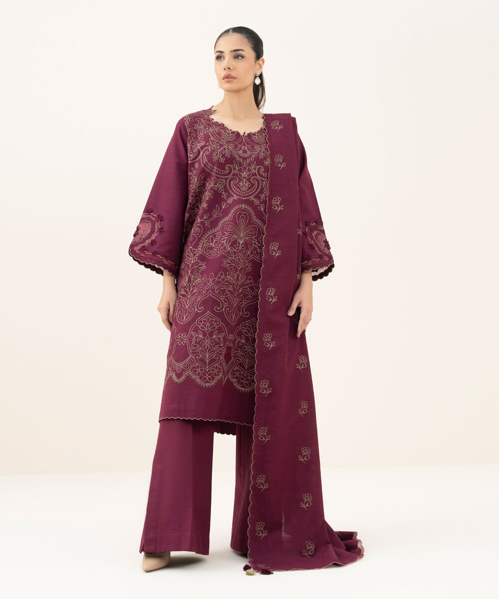 Women's Unstitched Embroidered Khaddar Plum 3 Piece Suit