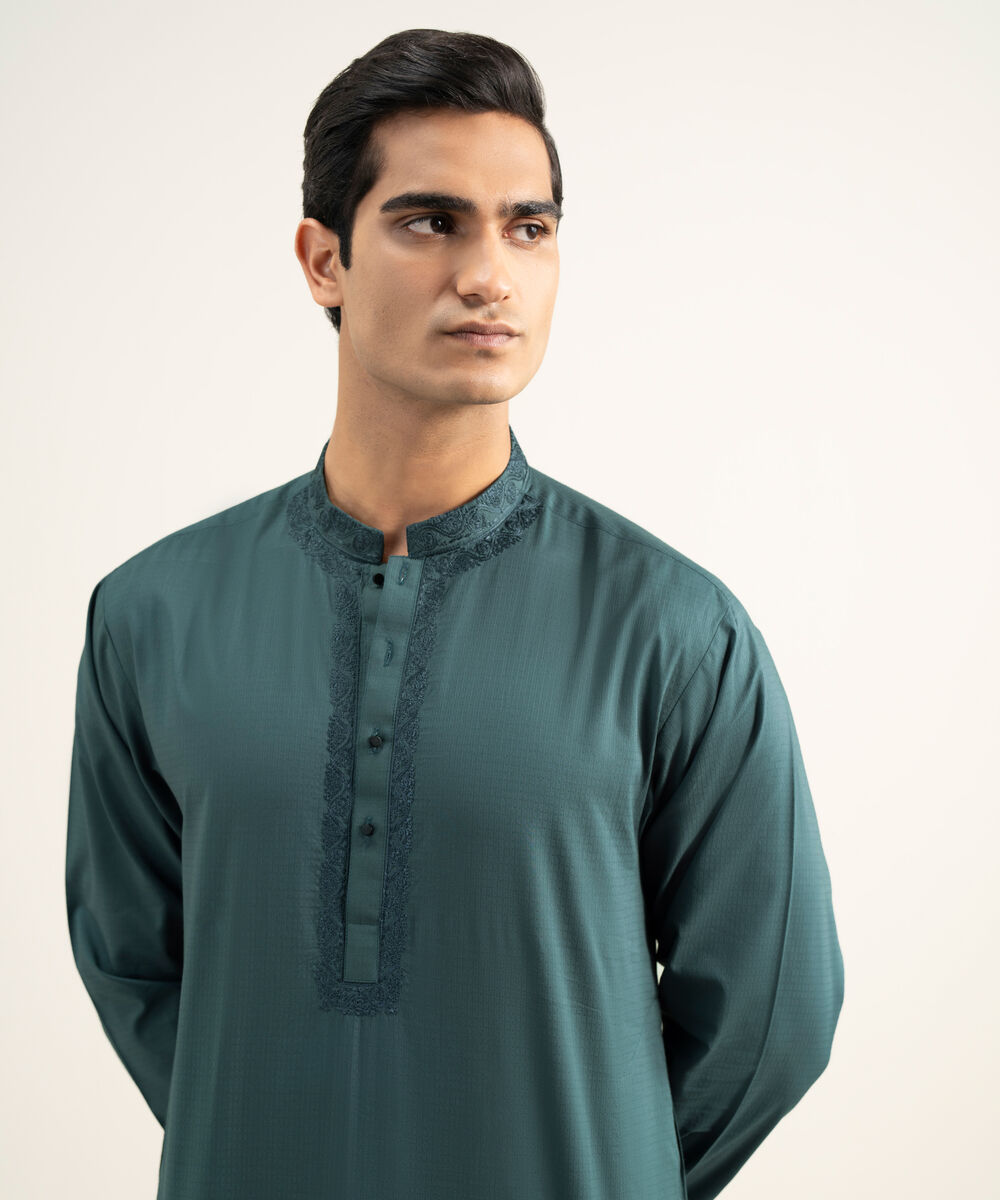 Men's Stitched Cotton Jacquard Sage Blue Kurta