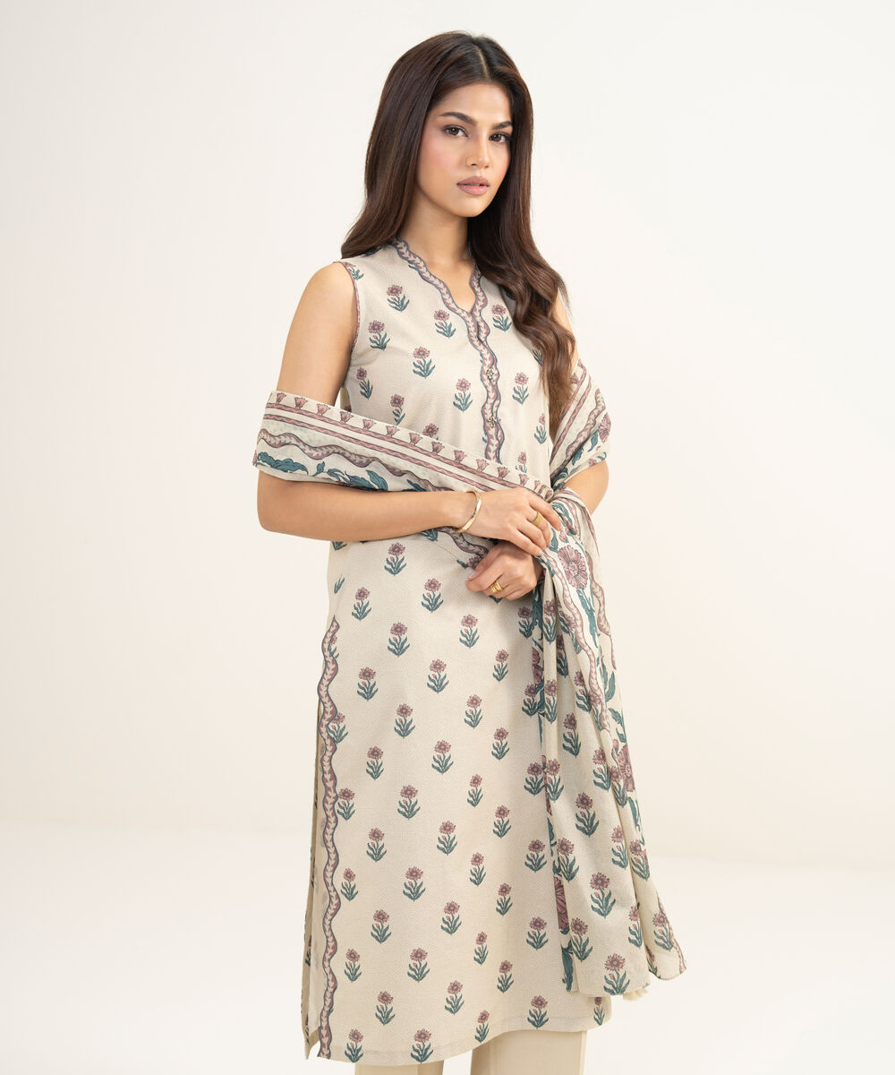 Women's Unstitched Lawn Printed Beige 3 Piece Suit