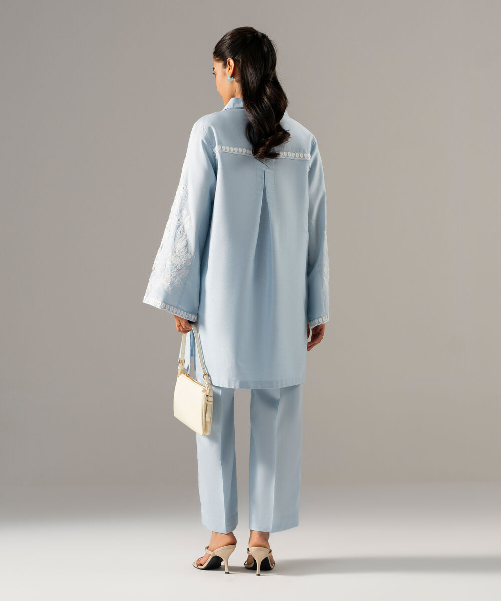 Women's RTW Cotton Linen Embroidered Ice Blue 2 Piece Suit