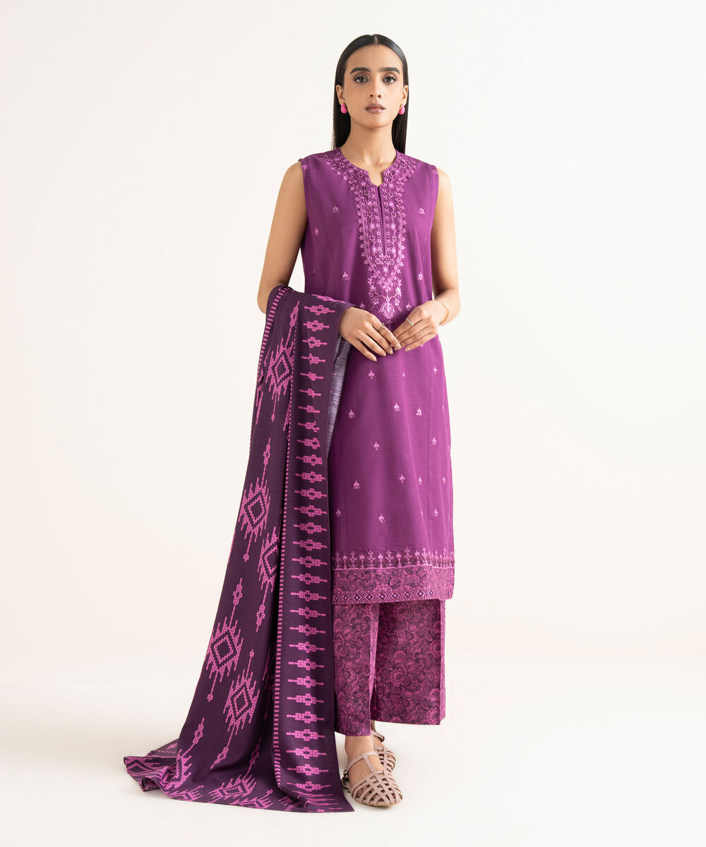 Women's Unstitched Khaddar Embroidered Magenta 3 Piece Suit