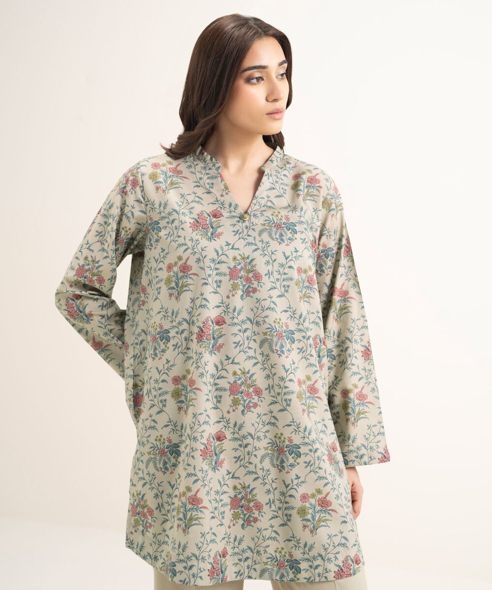 Women's RTW Cotton Viscose Printed Grey Straight Shirt