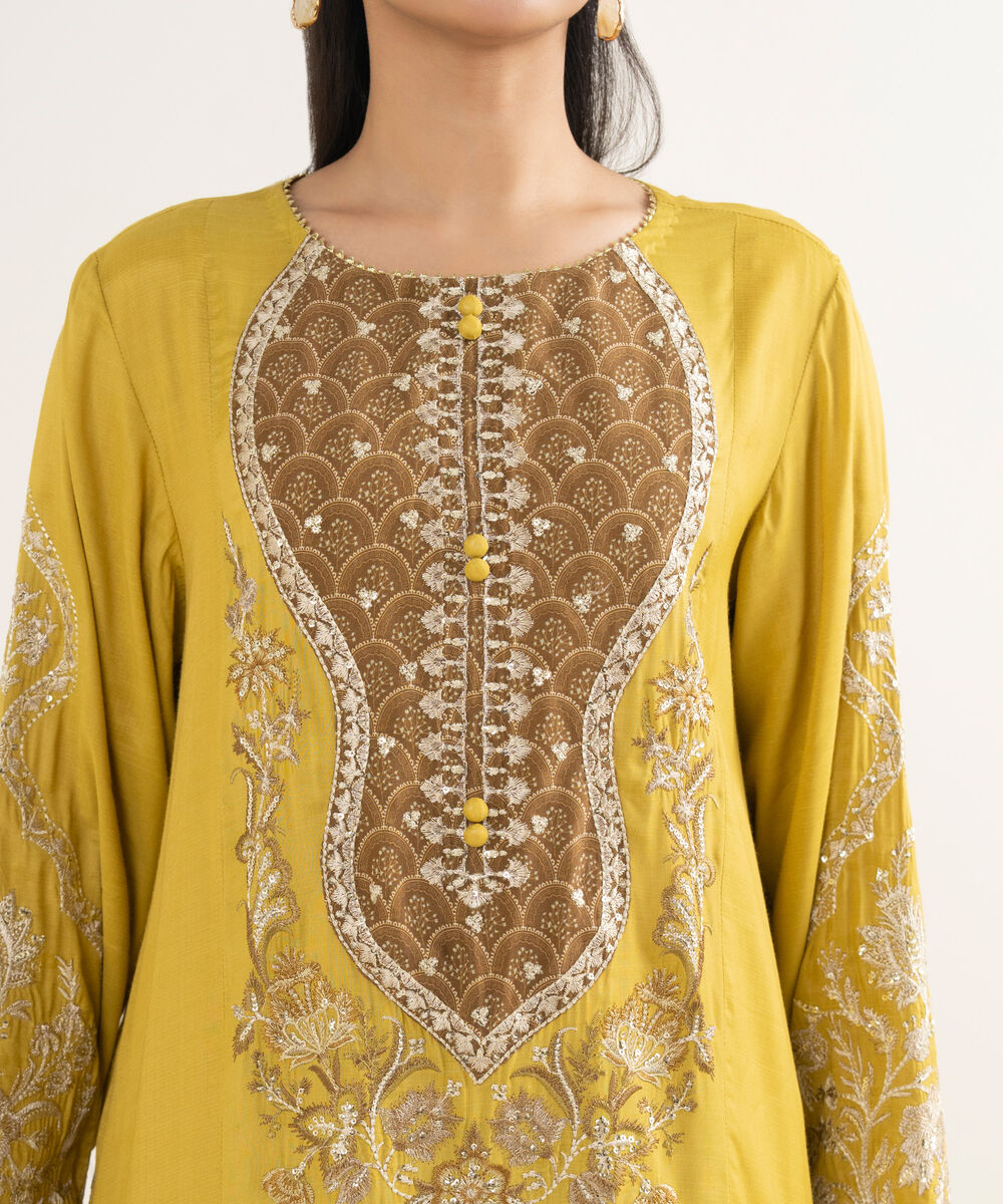 Women's RTW Viscose Raw Silk Embroidered Yellow 2 Piece Suit