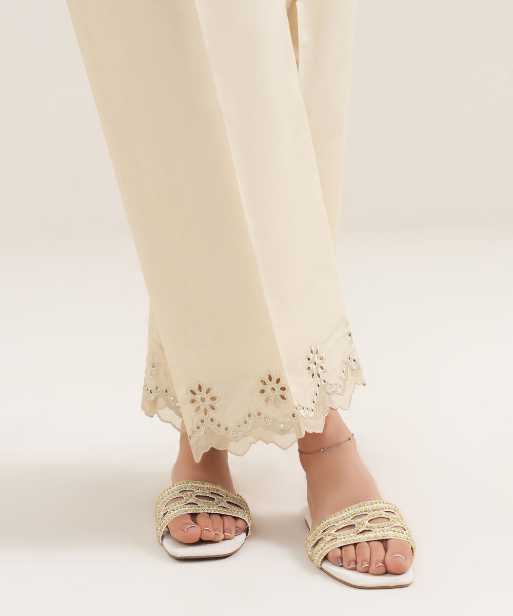 Women's Unstitched Cotton Printed Beige Trousers Fabric