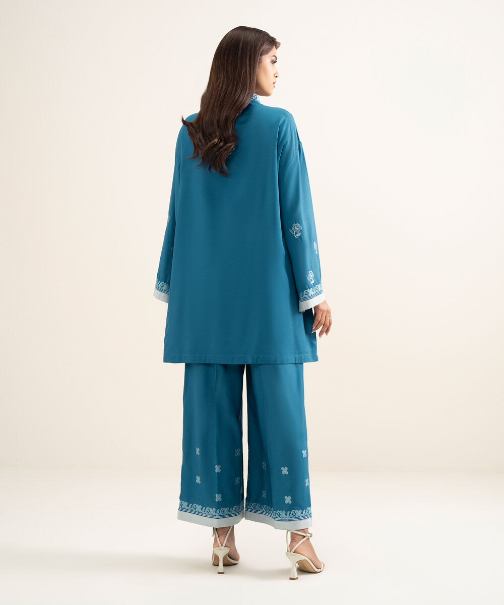 Women's RTW Cotton Viscose Embroidered Blue Drop Shoulder Shirt